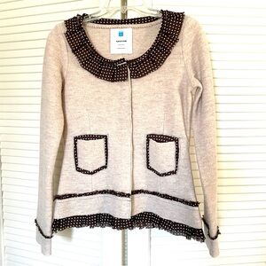 Anthropologie Sparrow Merino Wool Cream Cardigan with Brown Polka Dot Trim